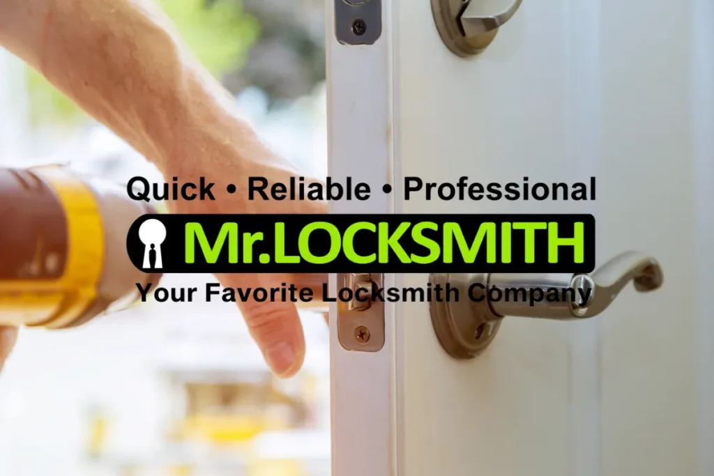 Locksmith using a power drill on a door with deadbolt and lever handle, with the Mr. Locksmith logo