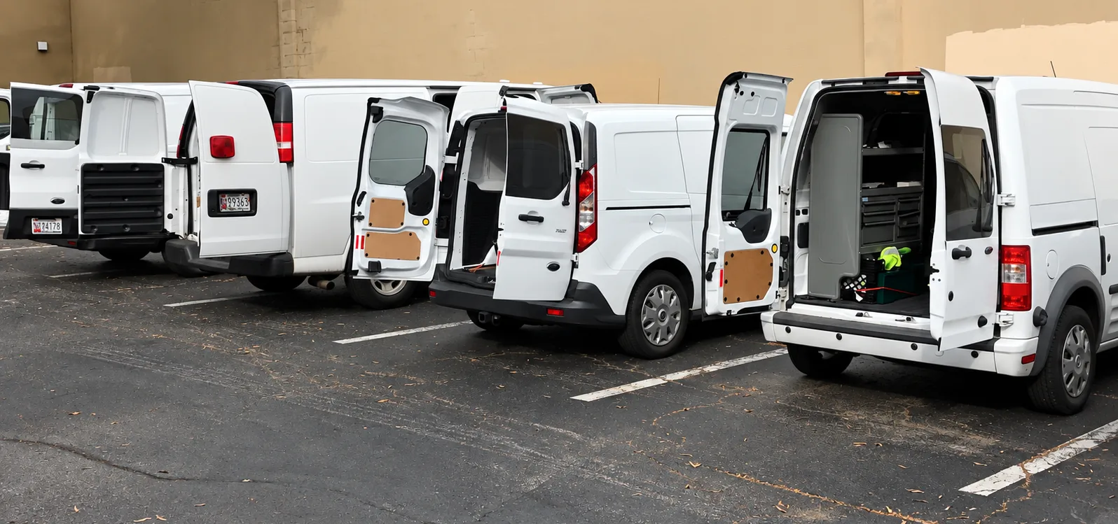 Row of white Mr. Locksmith service vans parked with rear doors open, showing equipped cargo areas